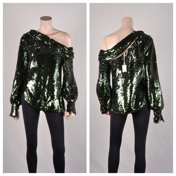 Jonathan Simkhai Alice Draped Back Sequined One-shoulder Top Emerald - Picture 4 of 5